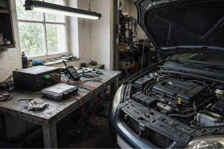 Cím: Diagnostic tools and ECU hardware on a workshop bench – chiptuning.hu – leírás: Diagnostic tools and ECU hardware on a workshop bench – chiptuning.hu